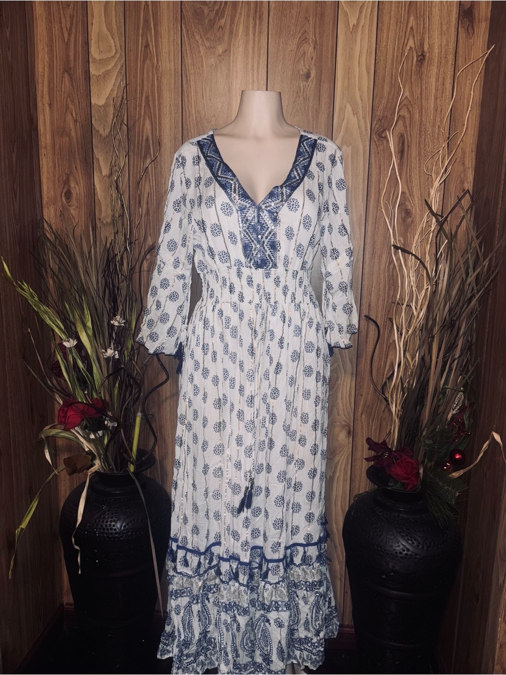 ME 2 MÁGIC White Maxi Dress with Blue Print and Tassel Tie